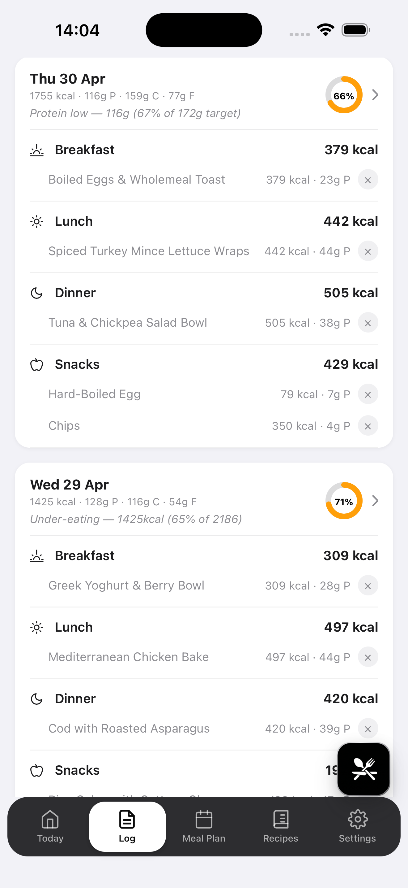 Plan Track Eat — daily food log feed with calories, macros and micros for each meal